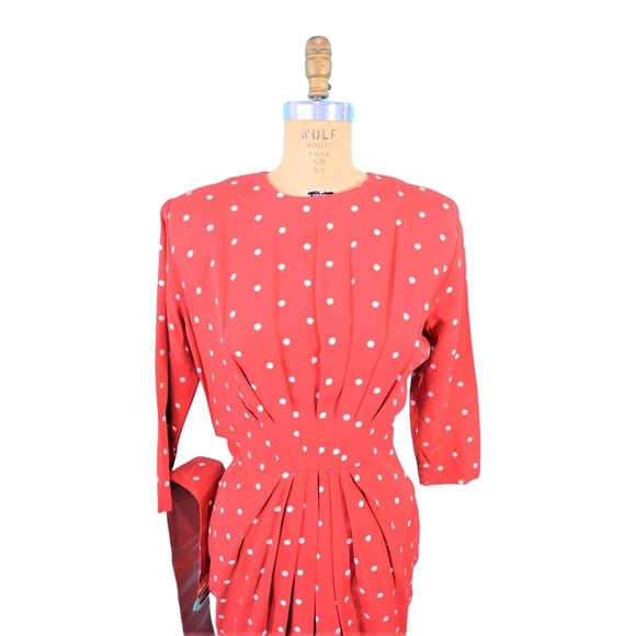 Vintage 1980s Wiggle Dress 50s Style Red Polka Dot Pinup Hourglass W 27" - Picture 3 of 5